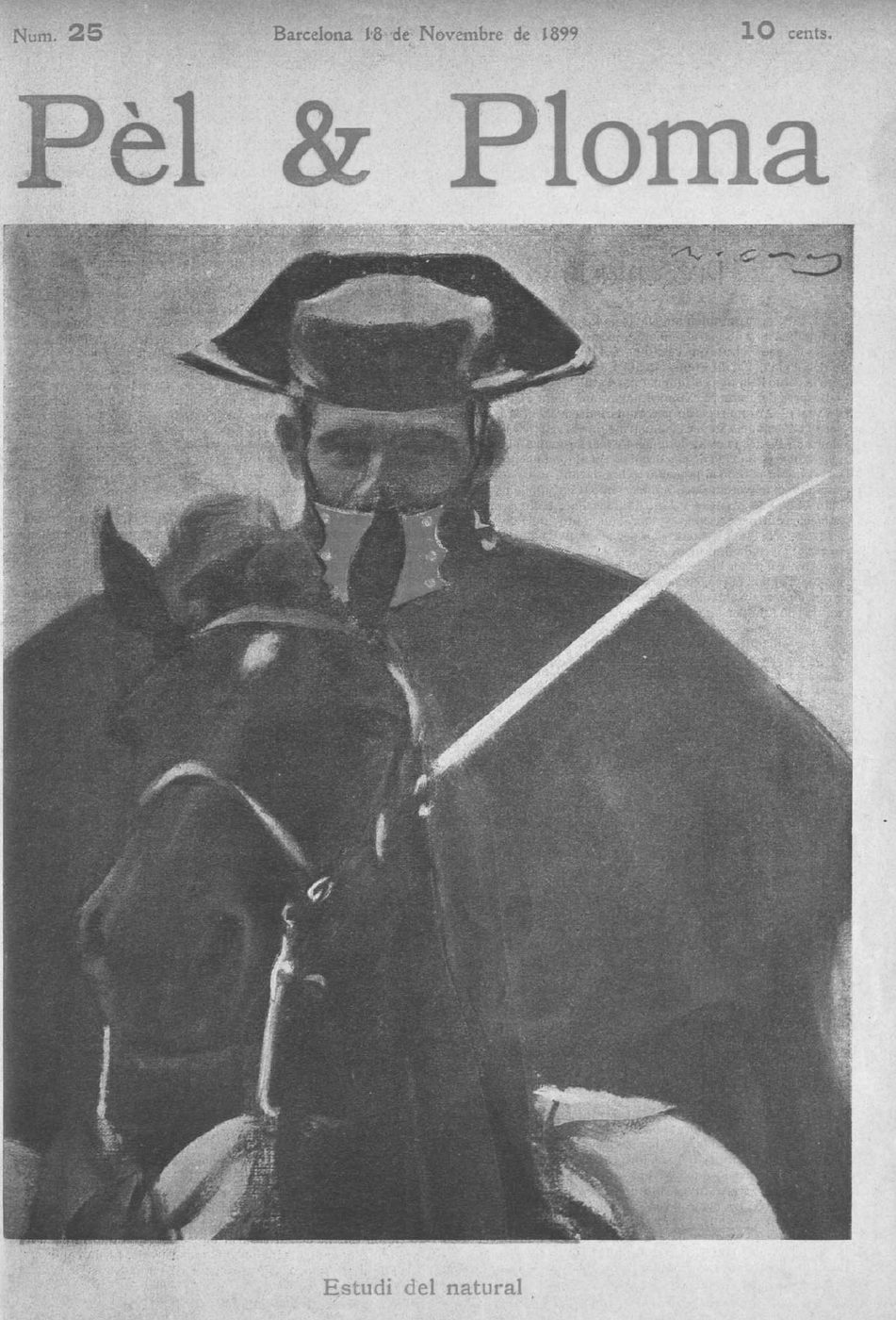 Portada de la revista Pèl i Ploma del 18 de novembre de 1899, amb un guàrdia a cavall dibuixat per Ramon Casas.