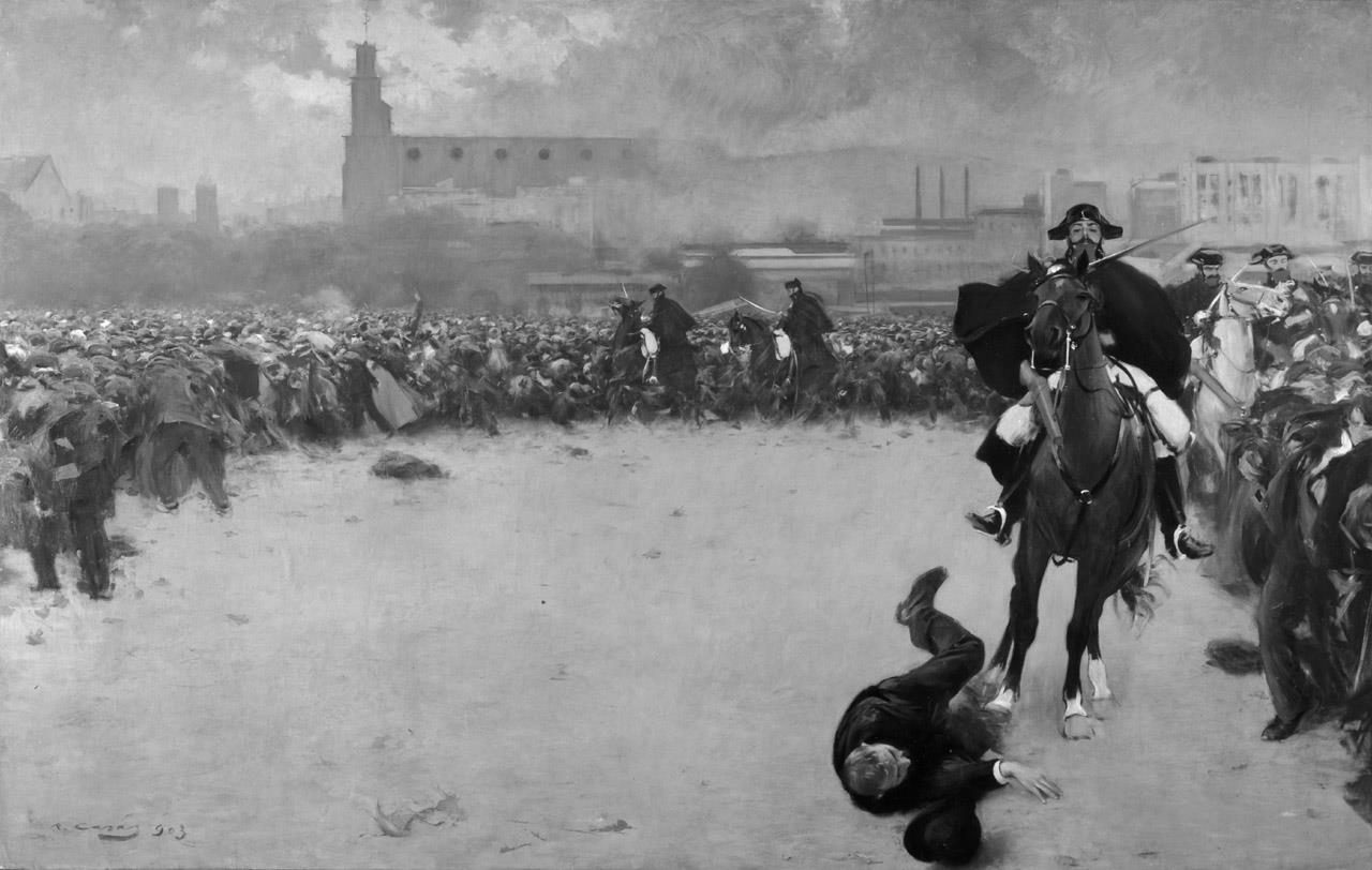 La càrrega, de Ramon Casas: la Guàrdia Civil a cavall dispersa una multitud obrera a Barcelona.